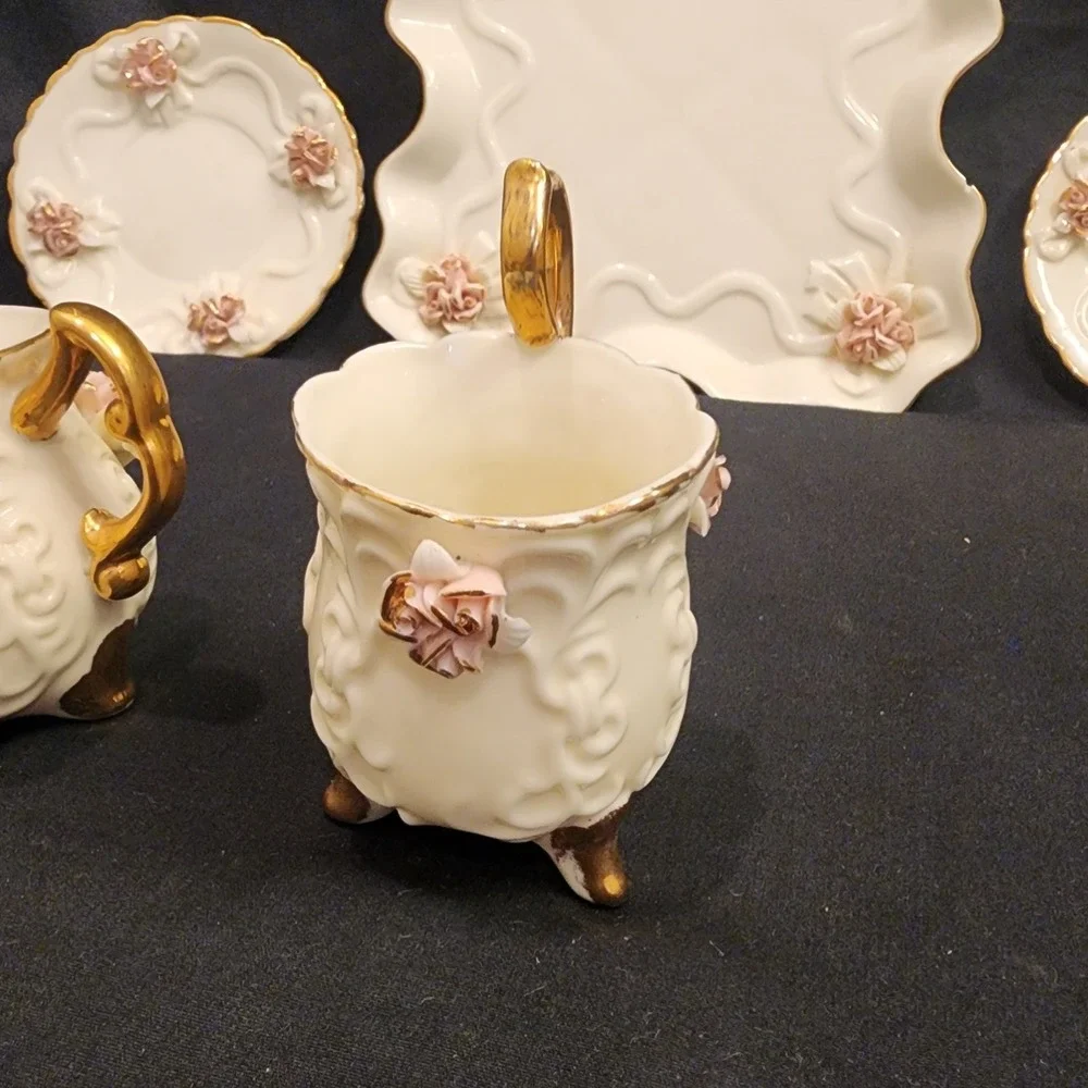 VTG Victorian Porcelain 5‎ Pc Set Pink Rose & Gold Trim Shabby Chic